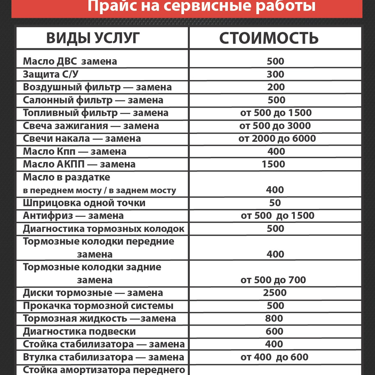 Логотип предоставил клиент, перечень услуг для автосервиса 