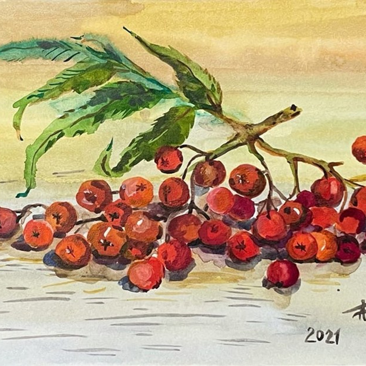 «Рябина». Акварель, 10,5х14,8 см., 2021. В частной коллекции
