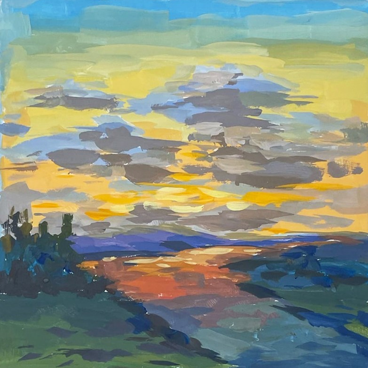 «Учебный. Закат». Гуашь, 21х21 см., 2023