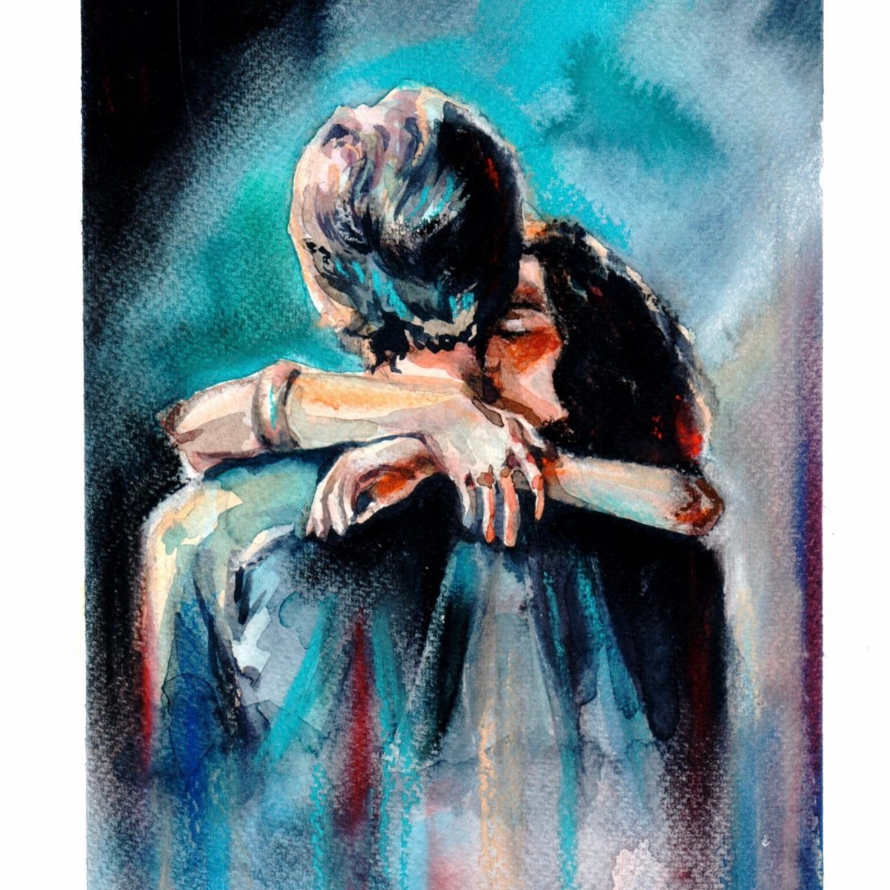 "Объятия", Акварель, пастель, бумага. Размер по запросу. 2019