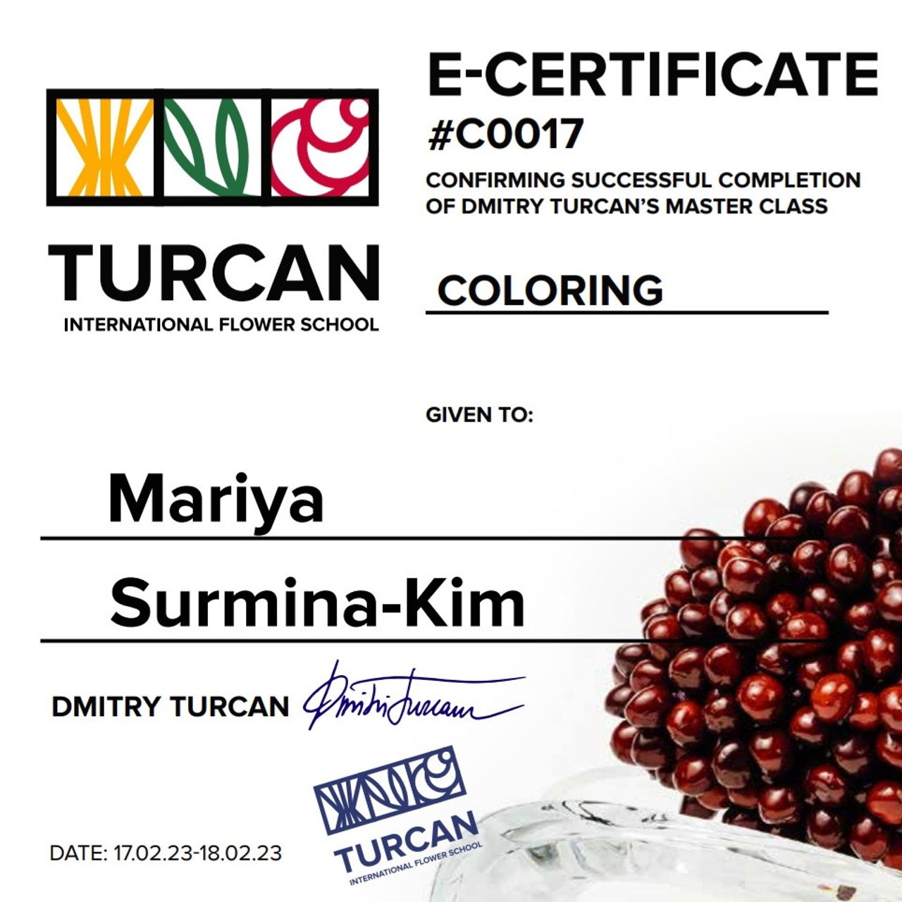 Документы об образовании. Мария Сурмина-Ким. Флорист