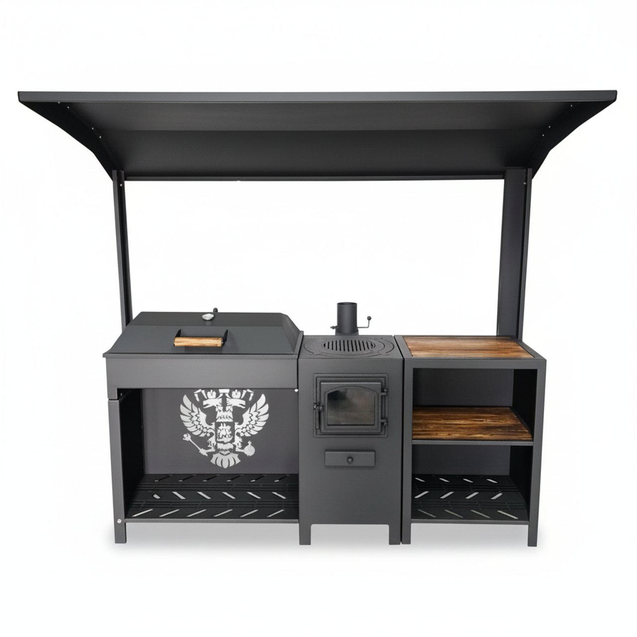 «Джета» мангальная зона с&nbsp;крышей, печью под казан и&nbsp;крышкой барбекю