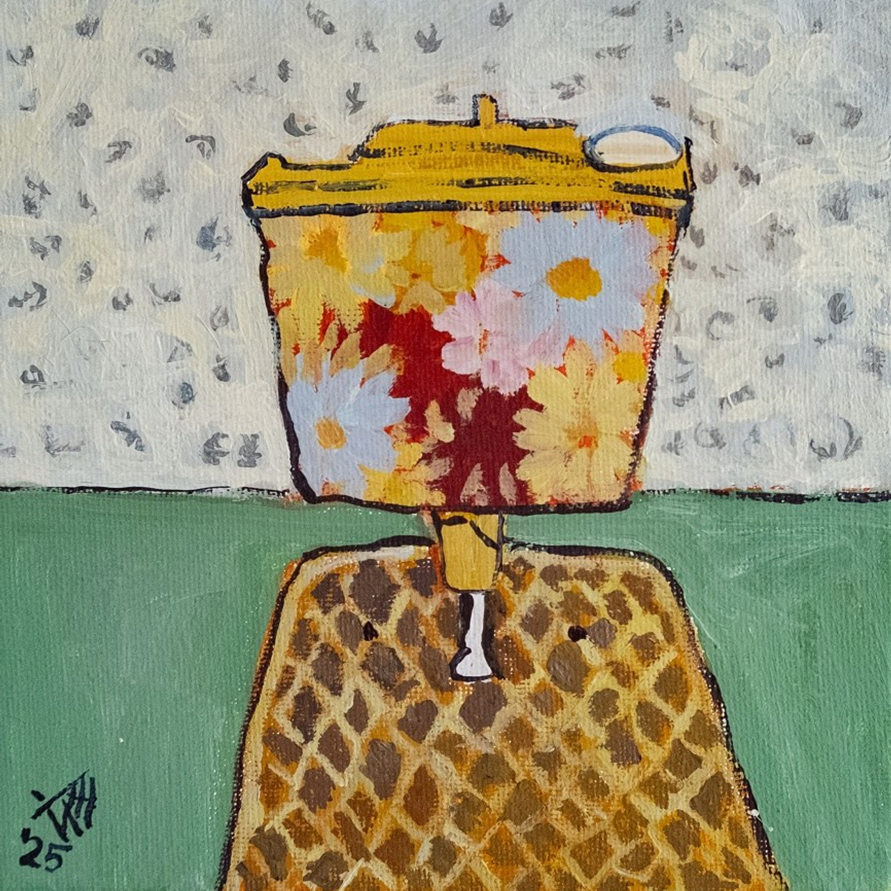 Умывальник с герберами. Холст, темпера, 15х15, 2025.