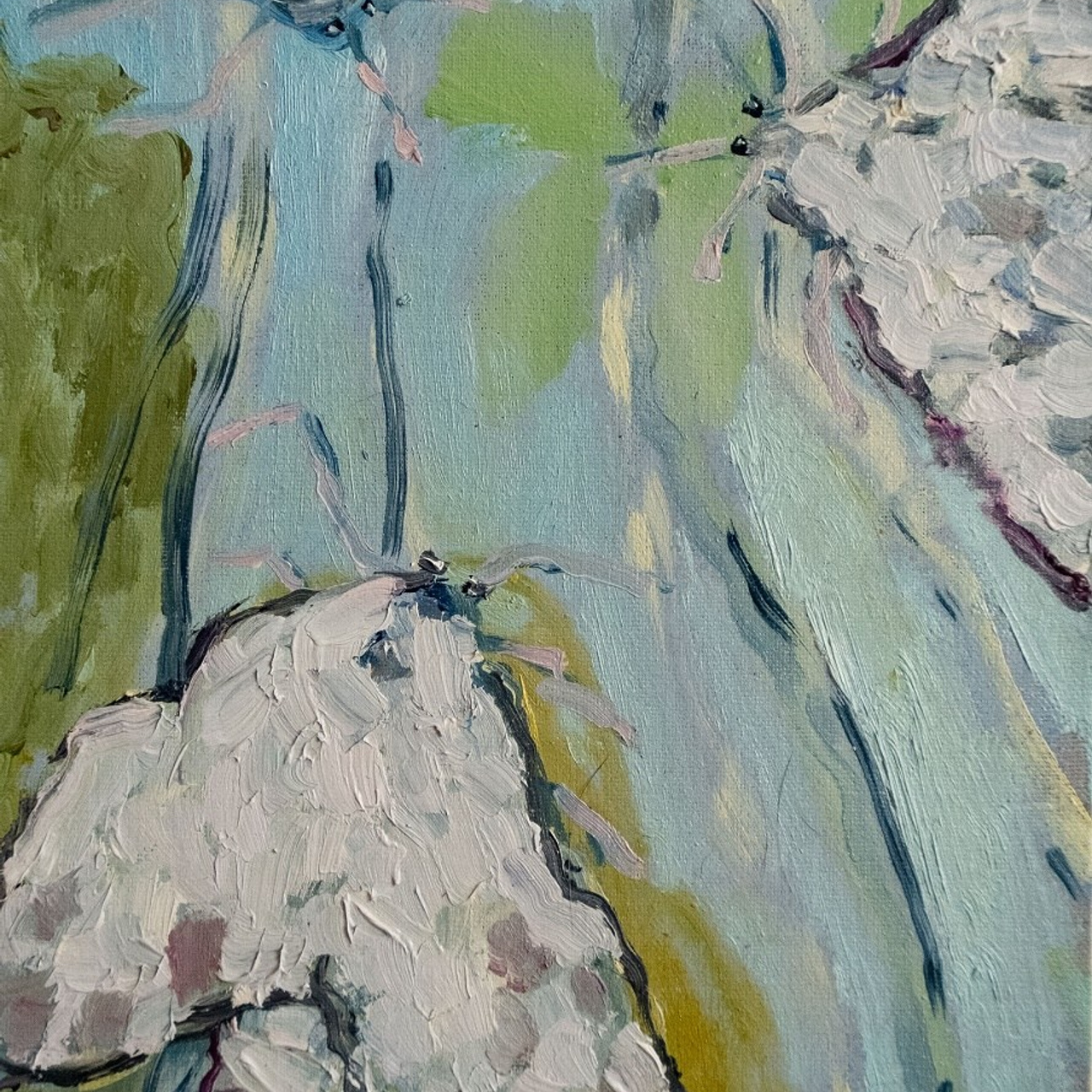 Три моли на тюле. Холст, картон, 30х20, 2025.