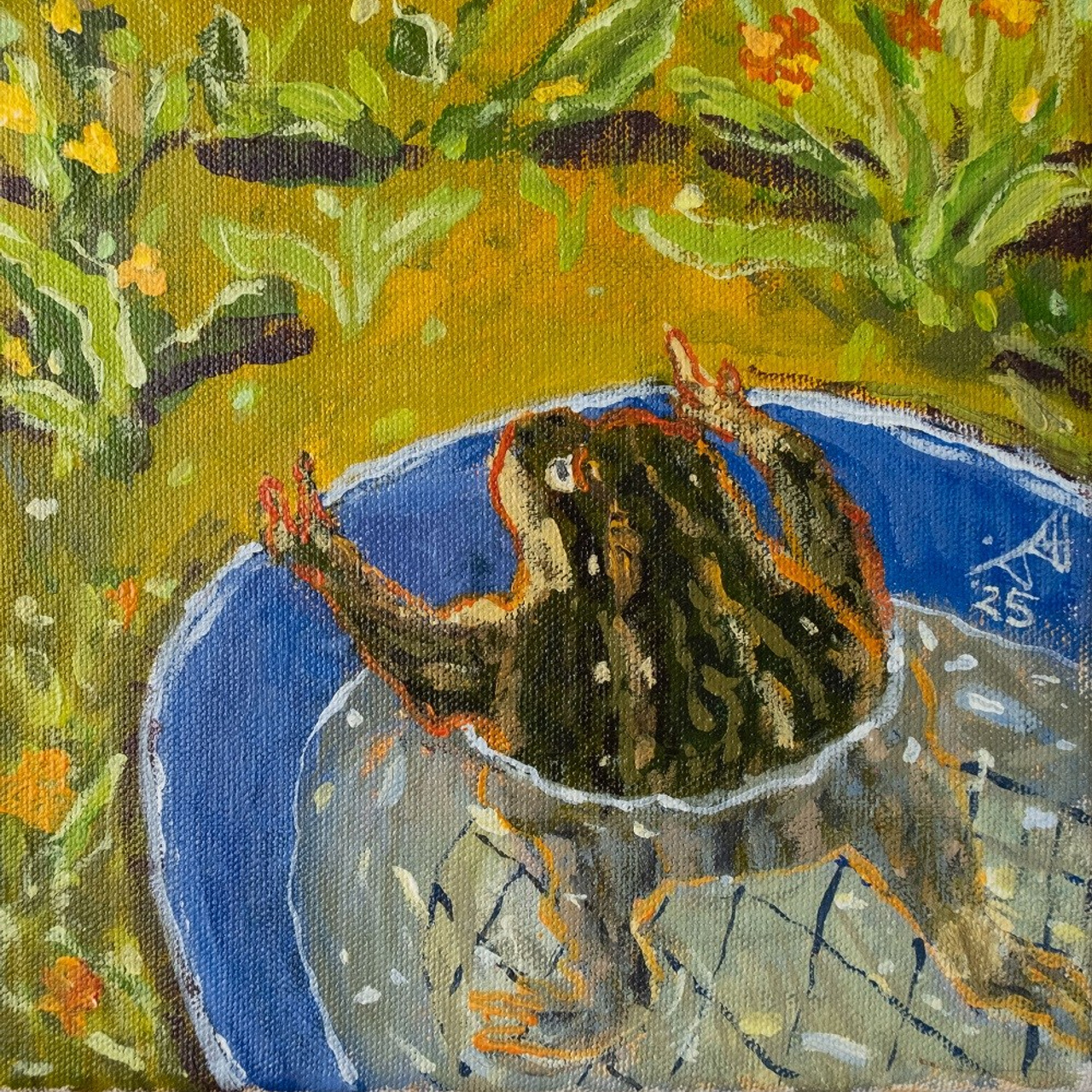 Жабишка на жаришке. Холст, темпера, акрил, 20х20, 2025. Нет в наличии.