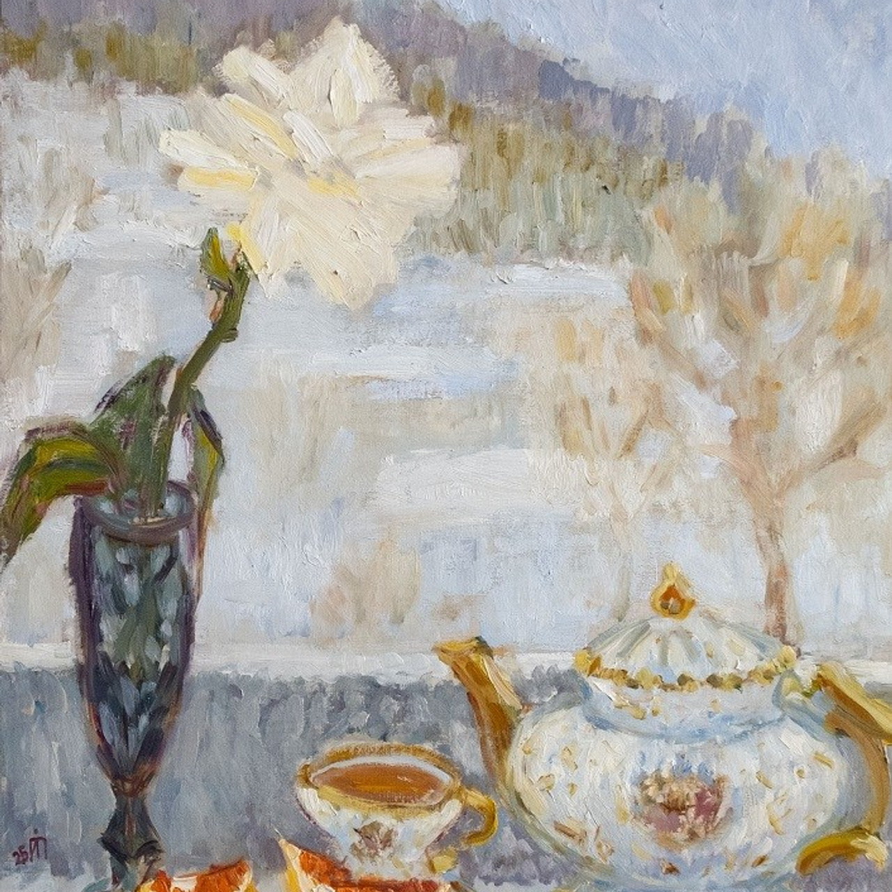 Белая роза, красный апельсин. Холст, масло, 50х40, 2025. Цена по запросу.