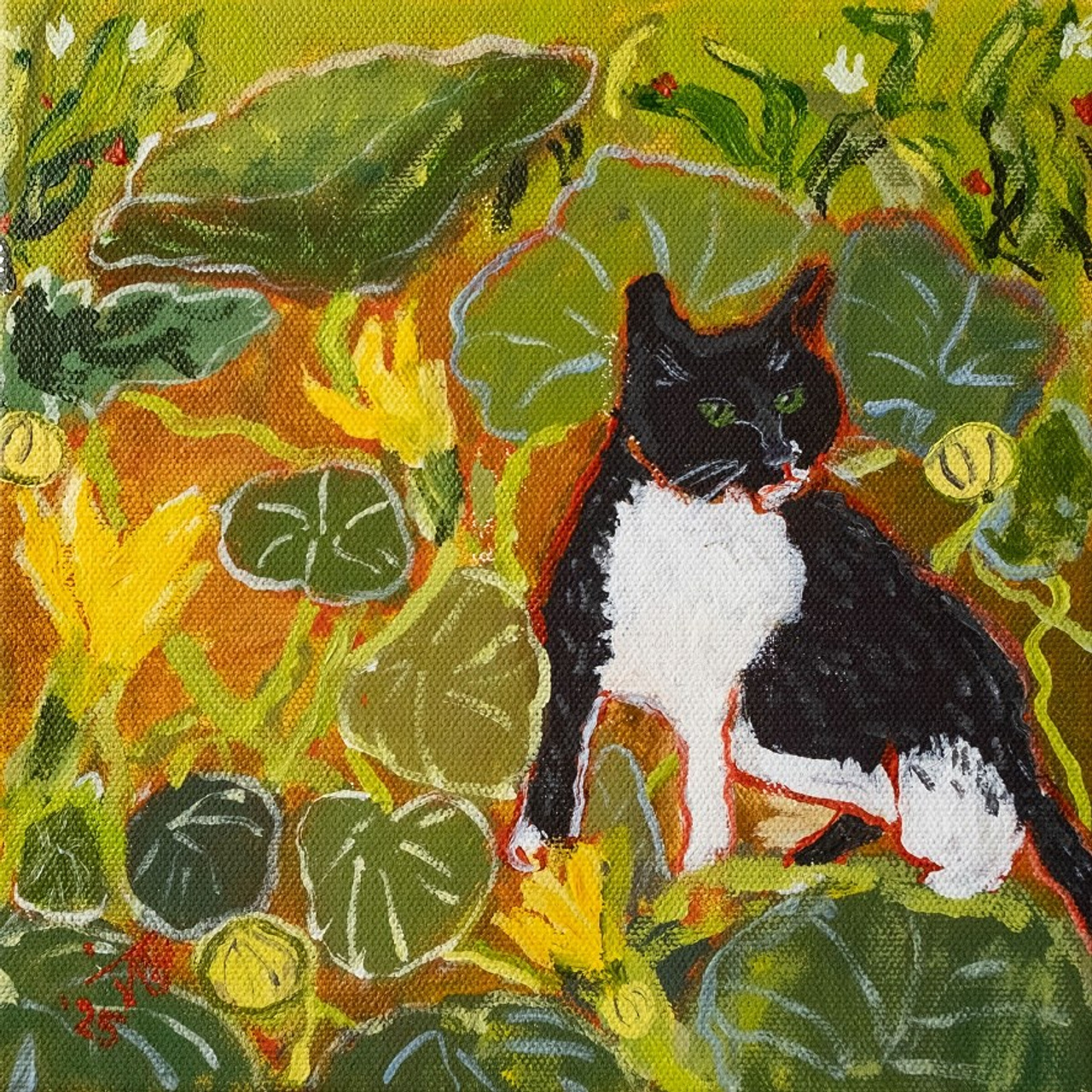 Бося в тыкве. Холст, темпера, акрил, 20х20, 2025.