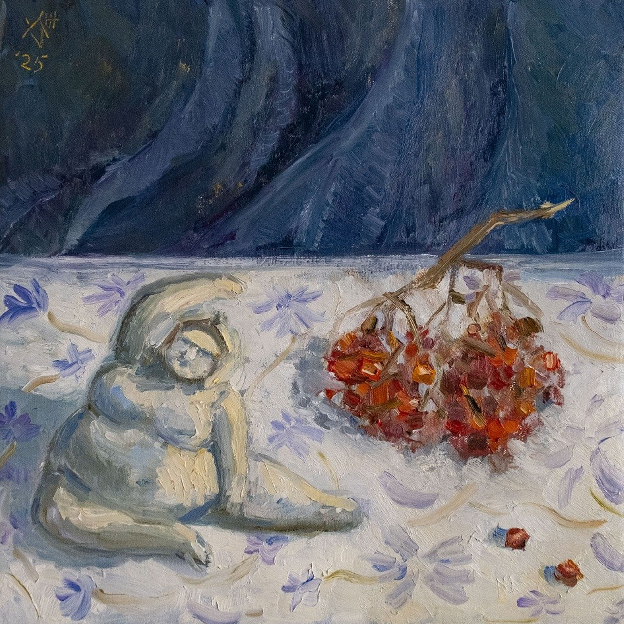 Альбина и рябина. Холст, масло, 30х30, 2025. Цена по запросу.