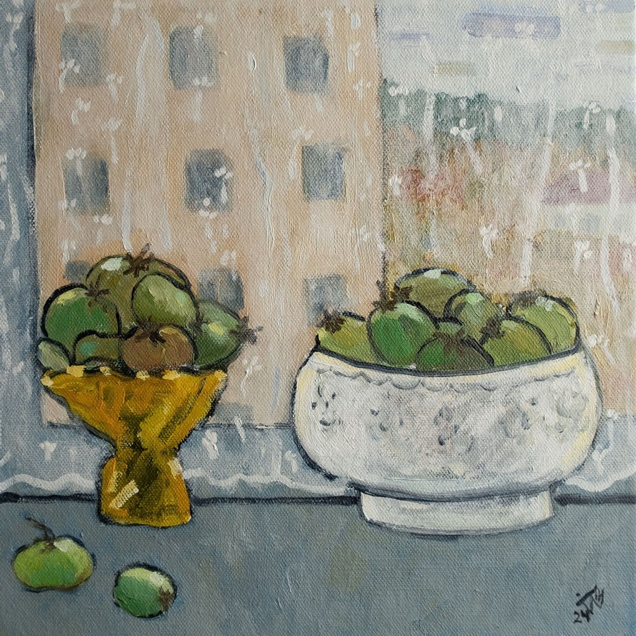 Зелёные помидоры. Холст, масло, 30х30, 2024. Цена по запросу.