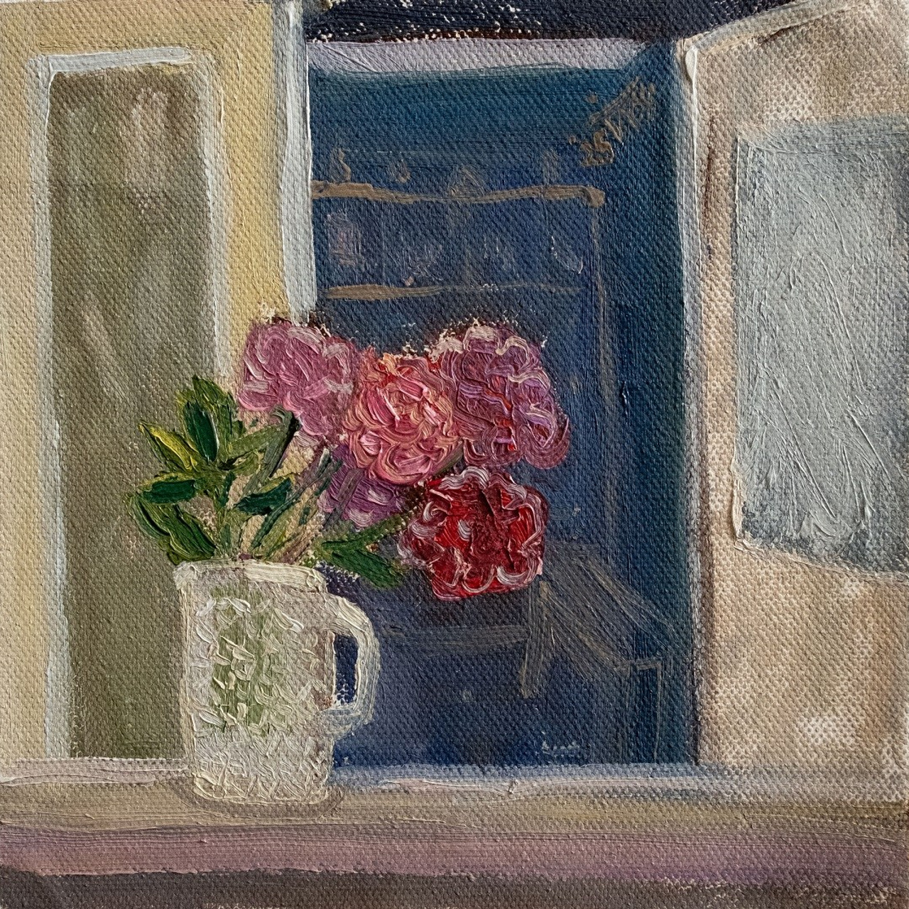 Пионы на крыльце. Холст, масло, 20х20, 2025.