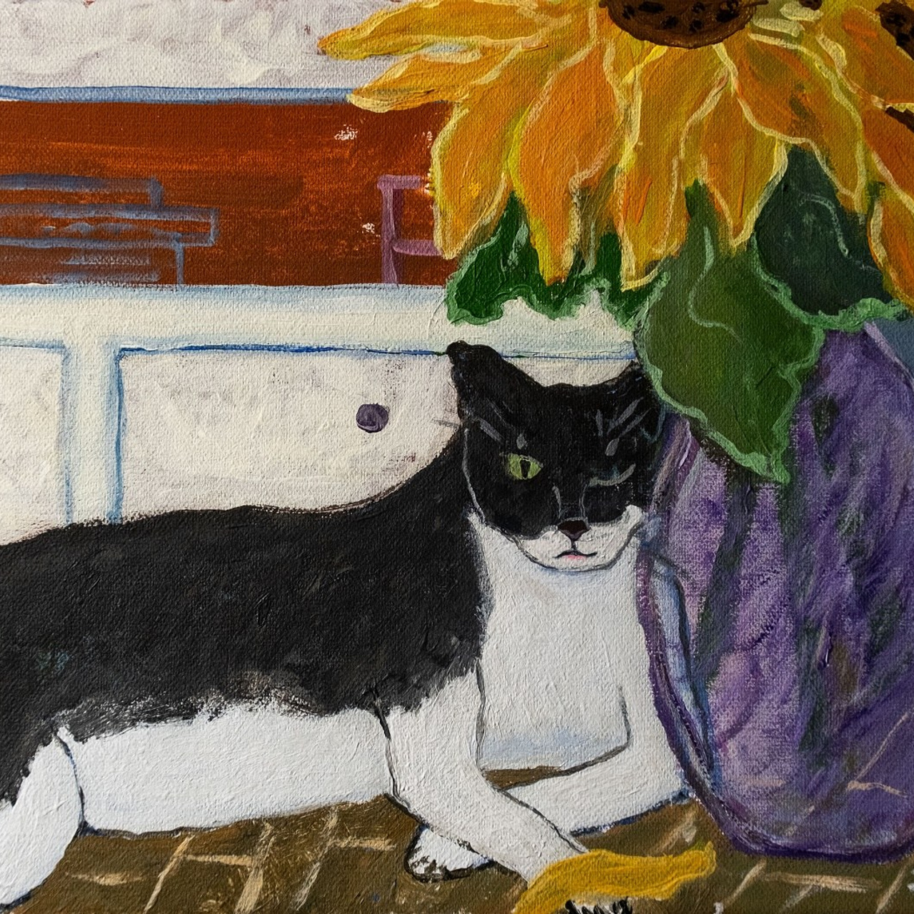 Любительница подсолнухов. Холст, темпера, акрил, 25х30, 2025.