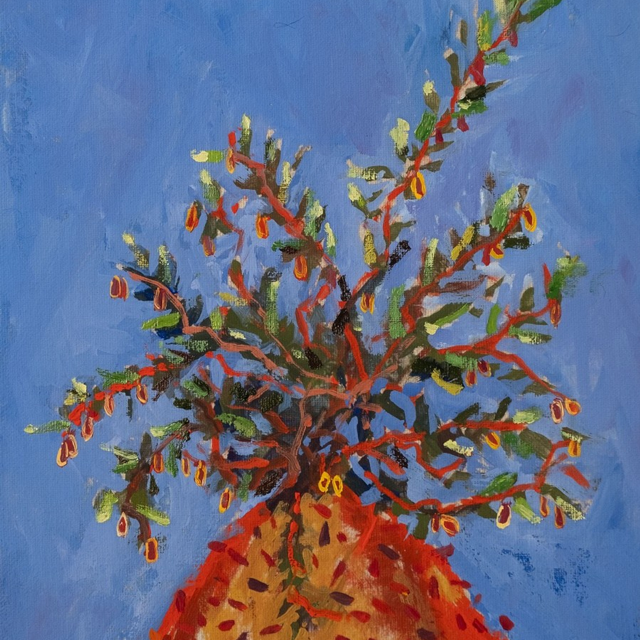 Кизил всех урожаем удивил. Холст, картон, темпера, масло, 24х18, 2025. 