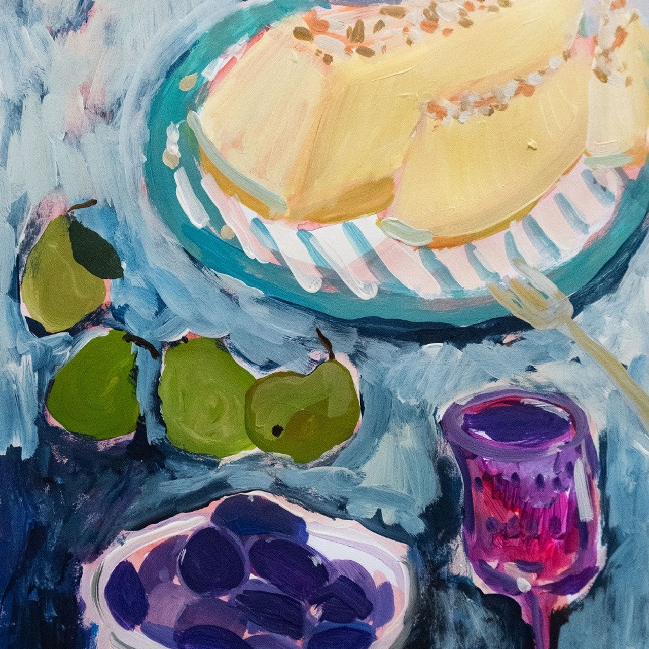 Натюрморт с дыней. Бумага, акрил, 40х30, 2024. Цена по запросу.