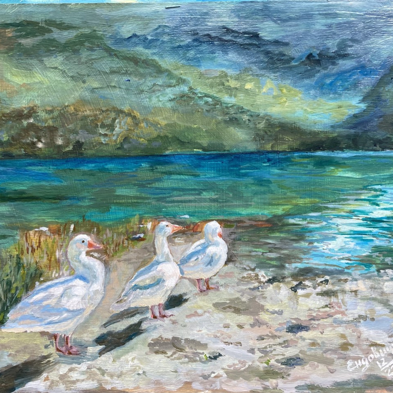 гуси идут на озеро. точнее идут один за одним три гуся. яркая позитивная картина