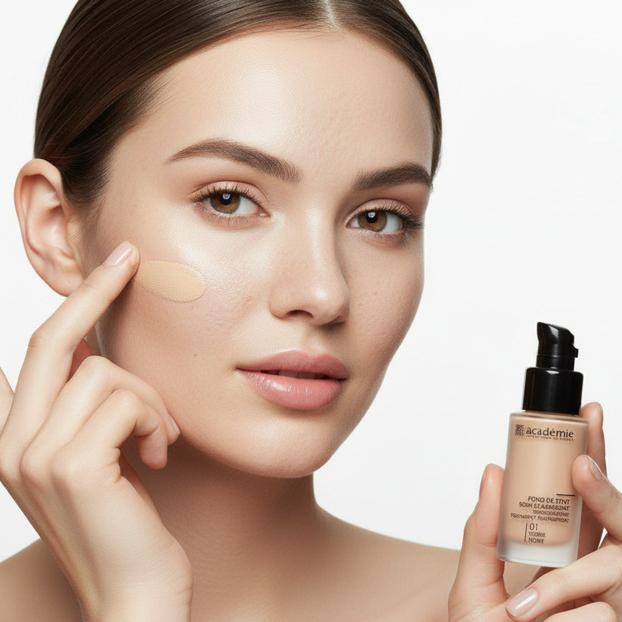 нейрофото тонального крема Academie в руках модели в применении