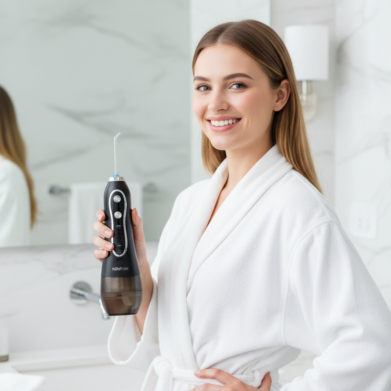 рекламное фото ирригатора у модели в руках