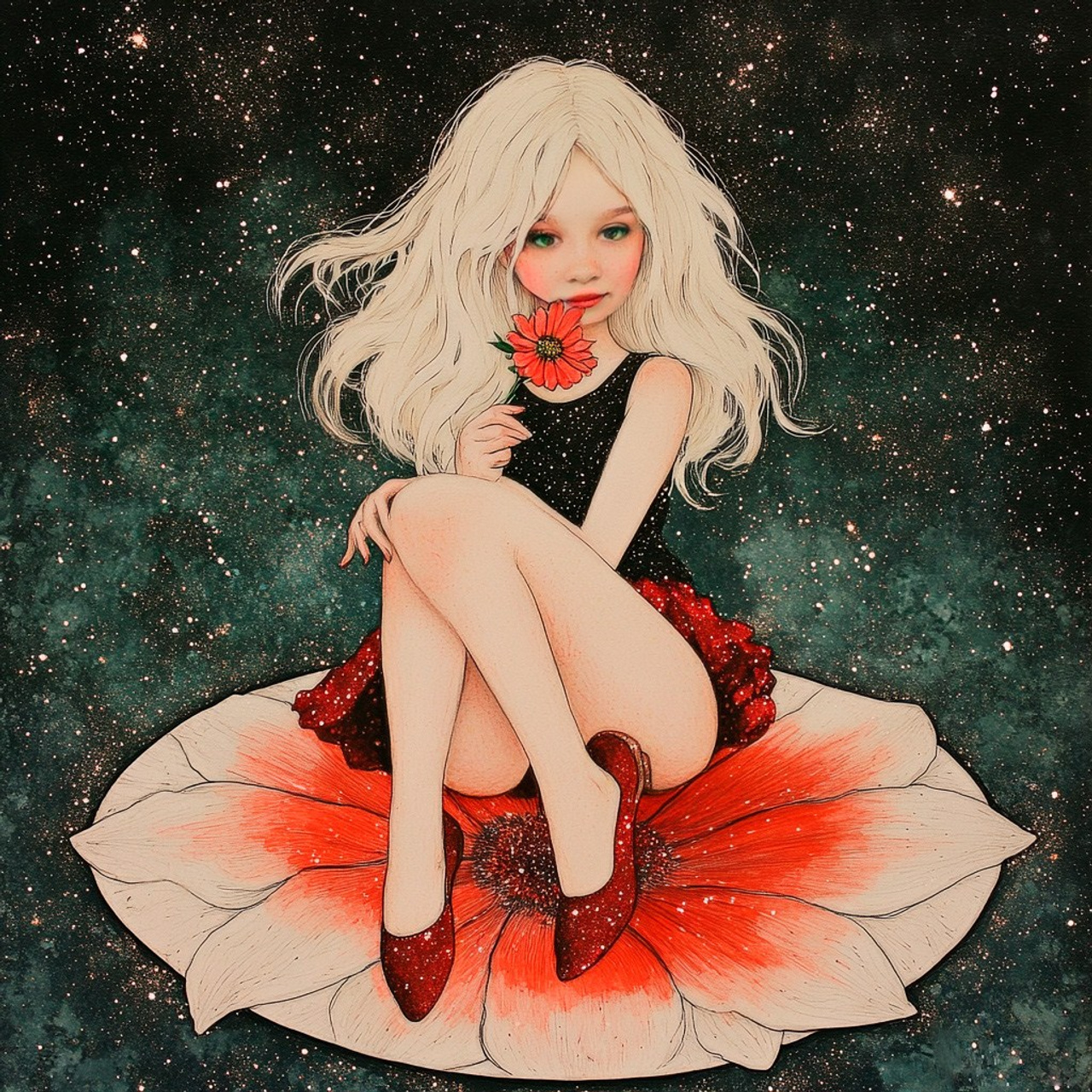 Нейрофотосессия для Алексы. Девочка с цветком в формате иллюстрации.