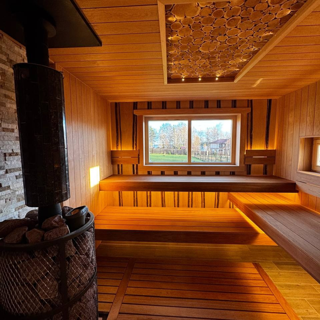 Сауна из ольхи и термоосины со слэбами из ольхи