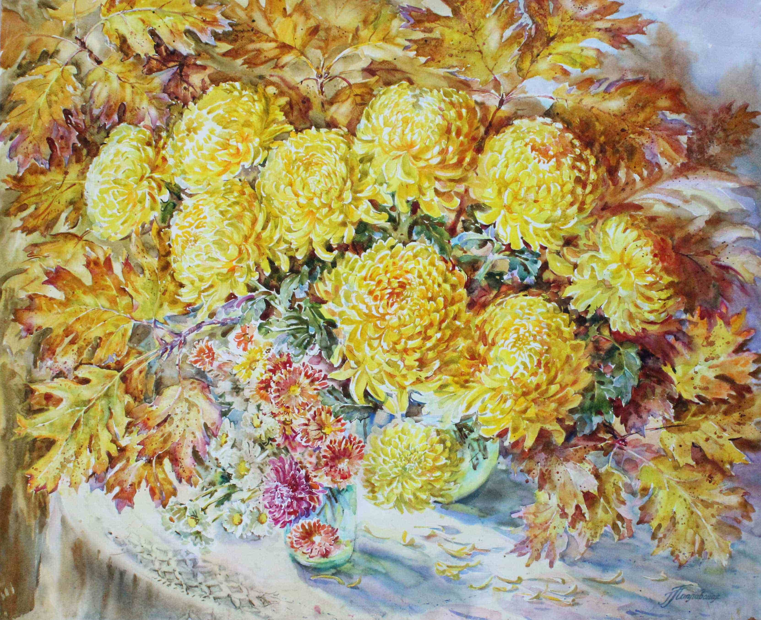 Хризантемы- солнце осени. Свет акварели Галины Поплавской
