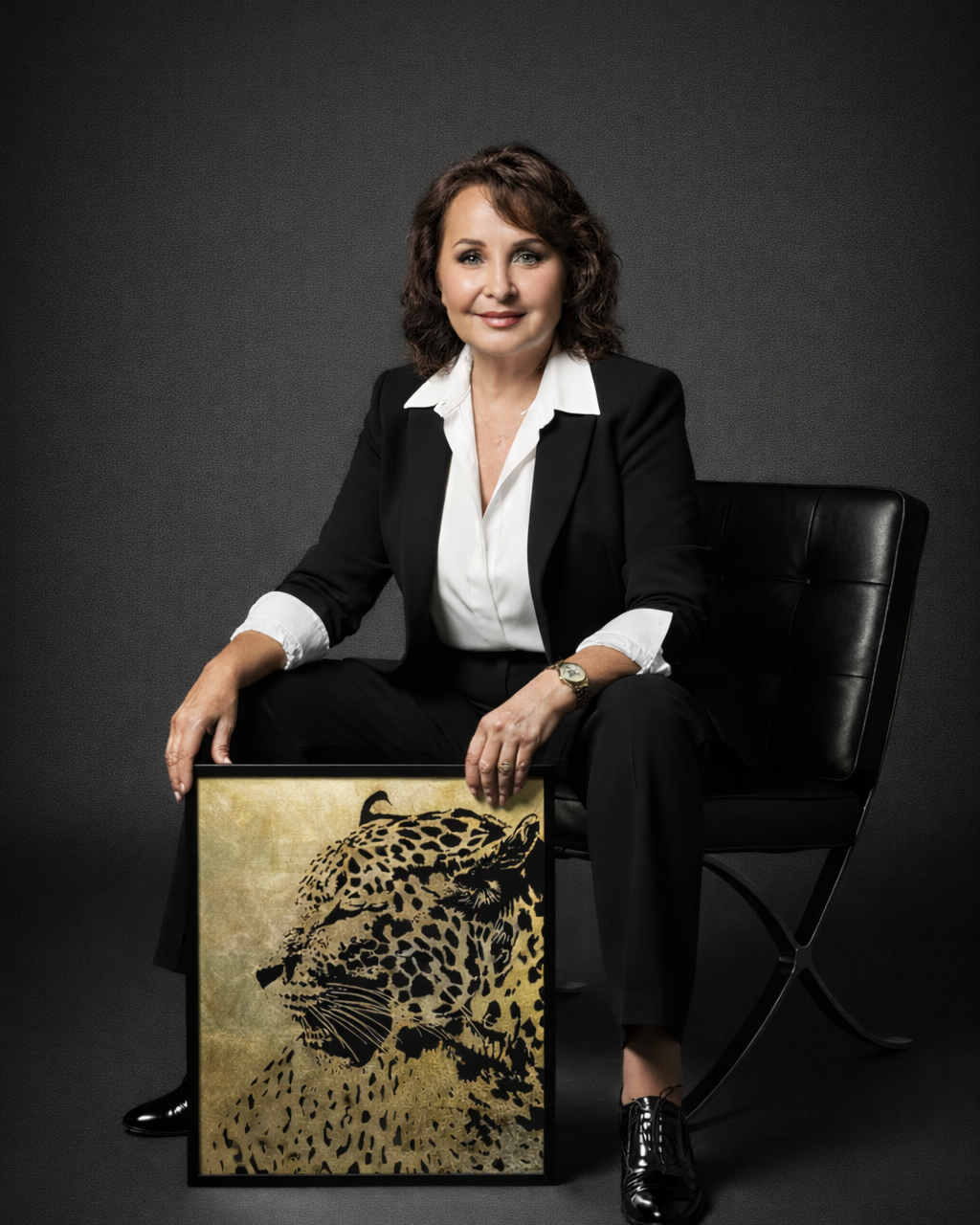 Женщина в деловом костюме сидит в кресле с картиной Художник Мила Абрамова живёт и работает между Россией и Турцией, ведя творческие мастерские в Москве и Алании, что находит отражение в художественном языке, цветовых решениях и энергетике работ. Влияние культур, света, природы и пространства формирует узнаваемый стиль, в котором соединяются глубина, ритм и внутреннее состояние.