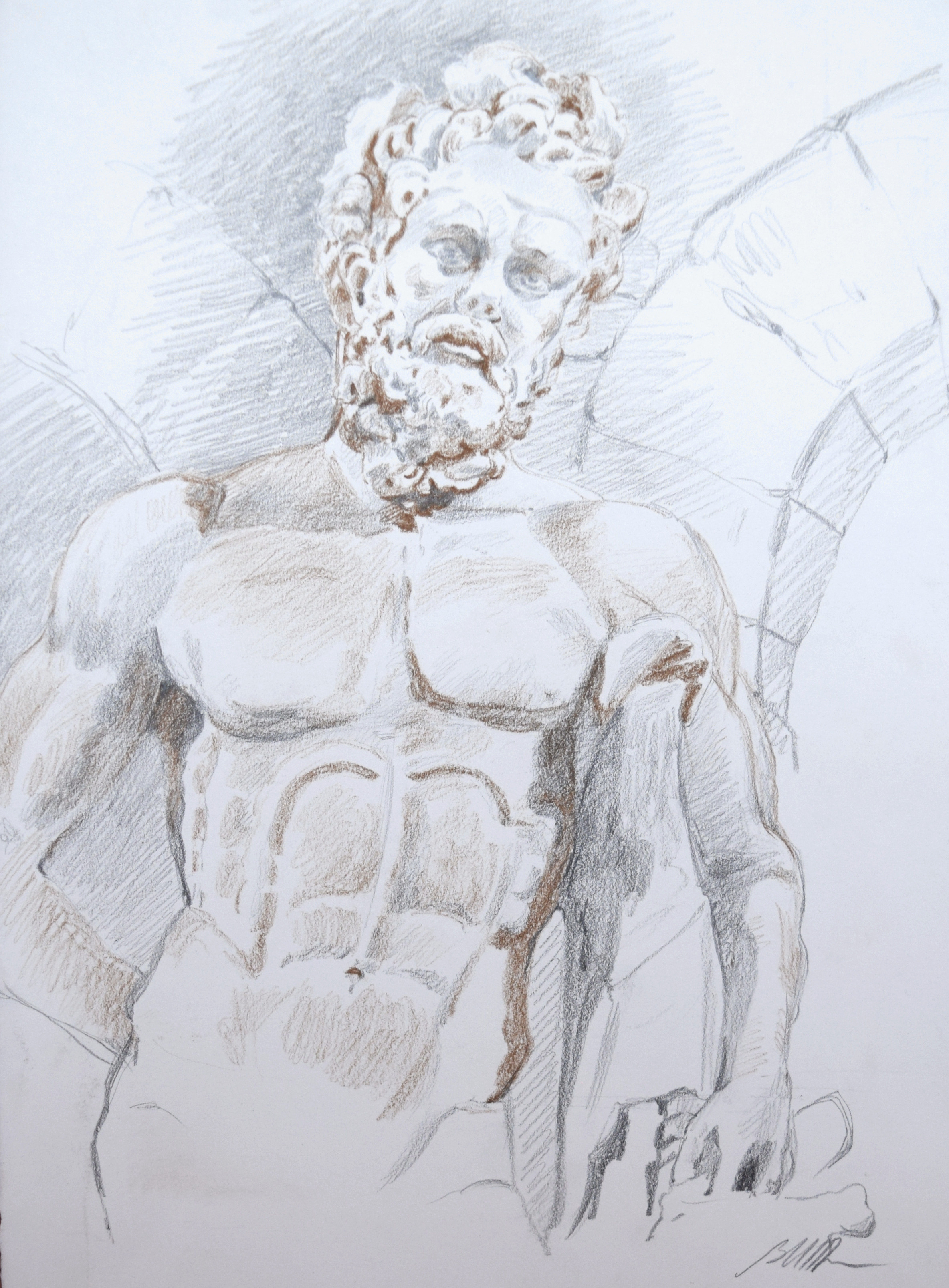 Рисунок мраморной скульптуры.  Сангина, карандаш. Смешанная техника. Статуя геркулеса. Турция, Сиде. 