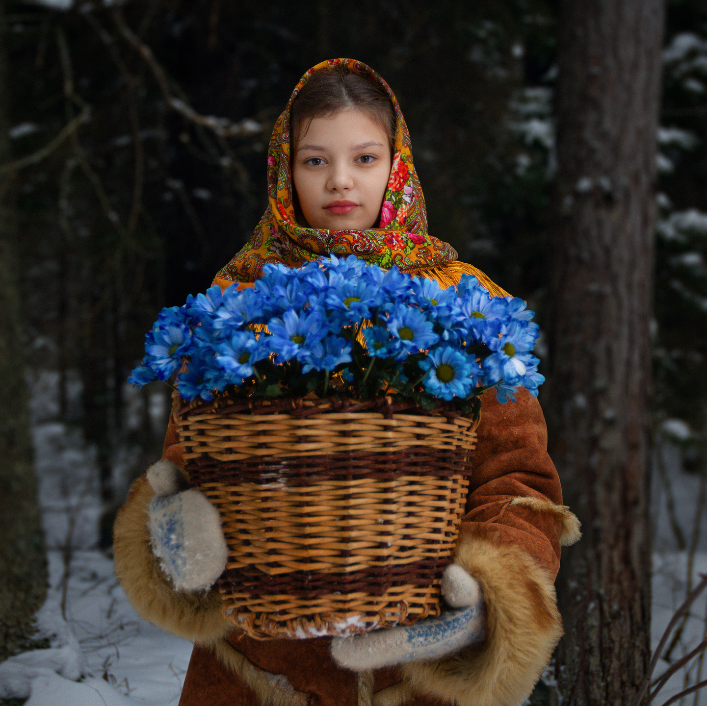 двенадцать месяцев девочка с цветами синими в лесу