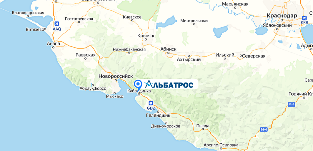 Карта места расположения лагеря Альбатрос, который находится в Кабардинке, между Геленджиком и Новороссийском, также относительно недалеко Краснодар и Анапа