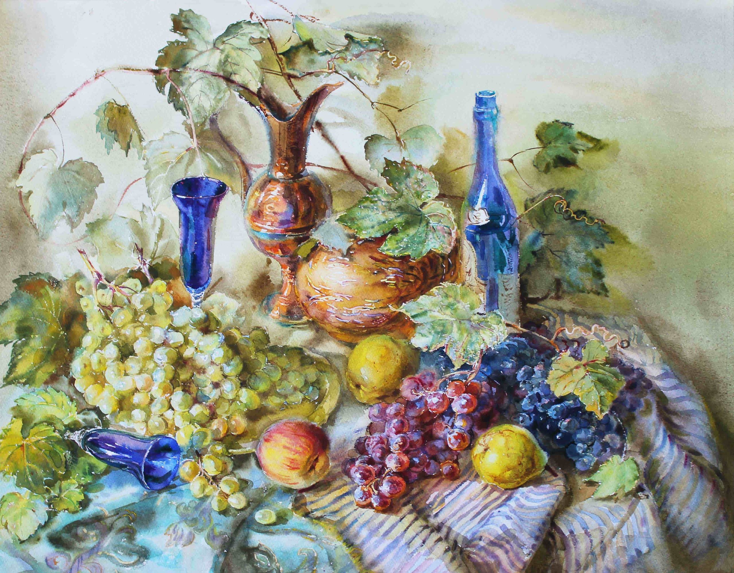 «Натюрморт с синими бокалами и виноградом». Свет акварели Галины Поплавской