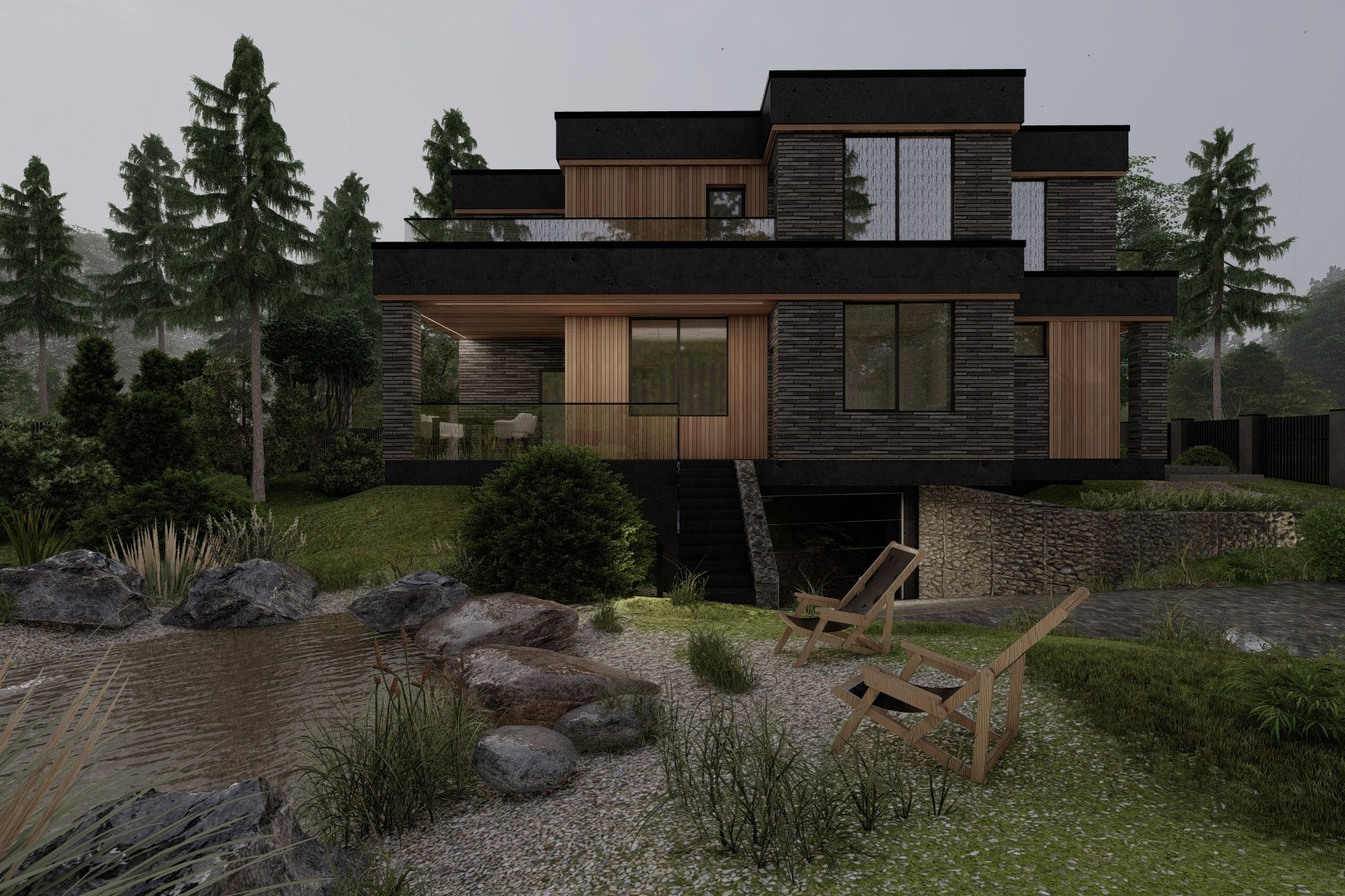 Проект дома 230 м2 на склоне с прудом |пос. Краснопахорское | Архитектор-ГАП Елена Панова. РАЦИОНАЛЬНЫЕ ДОМА 150-350 м2 В МОСКВЕ И МО