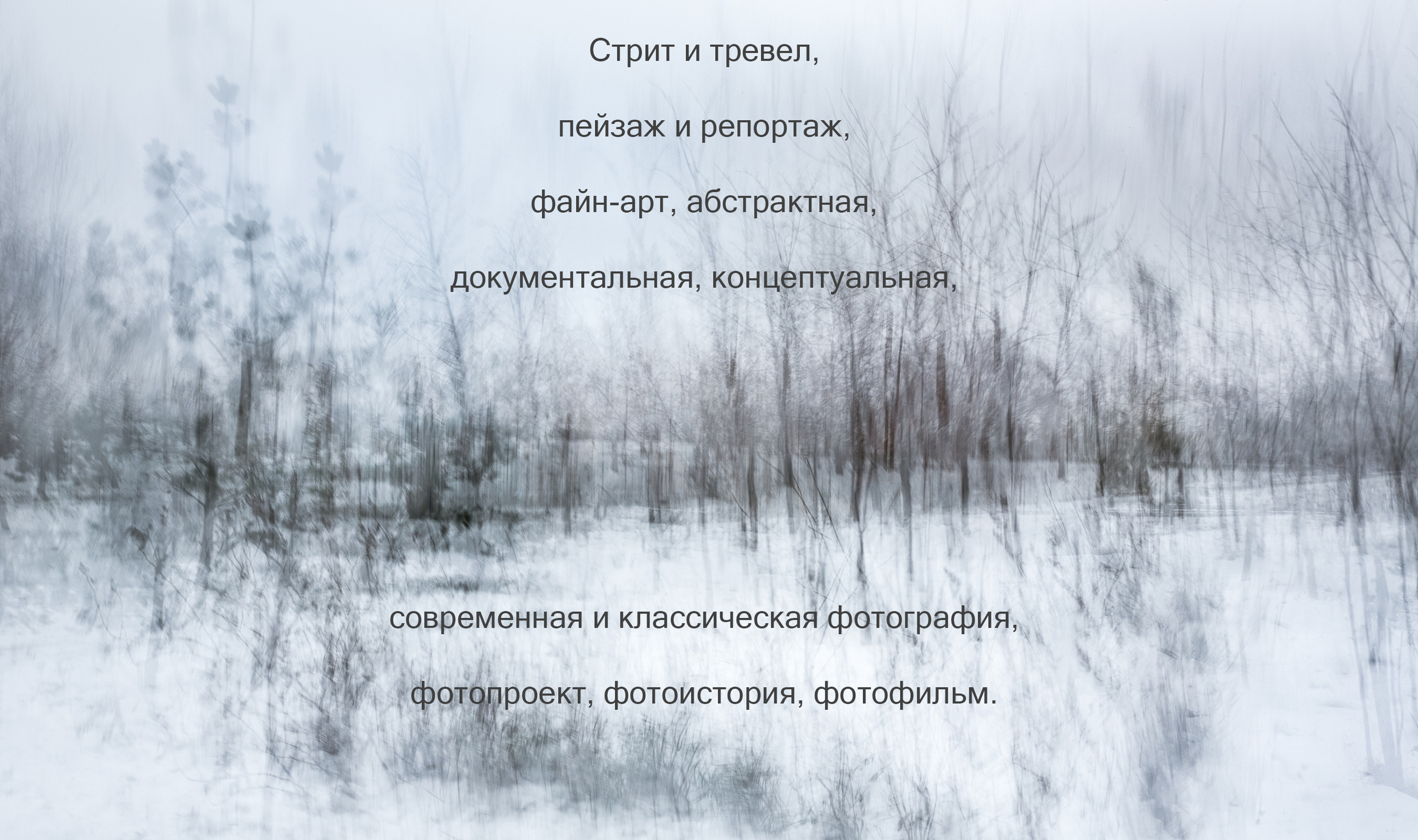 Стрит и тревел, пейзаж и репортаж, файн-арт, абстрактная, документальная, концептуальная, современная и классическая фотография, фотопроект, фотоистория, фотофильм. 