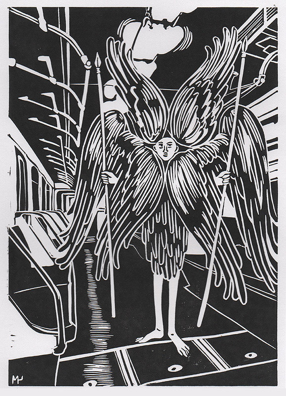 Авторская линогравюра без названия, 2022 с изображением шестикрылого серафима в вагоне метрополитена. Работа участвует в выставке "После иконы: графика" со 2 июля по 24 сентября 2023 г. в Феодоровском соборе (Санкт-Петербург).