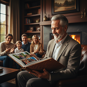 Солидный мужчина в уютной гостиной у камина с улыбкой рассматривает премиальную семейную фотокнигу в кожаной обложке — пример ценного и эмоционального подарка для близких.