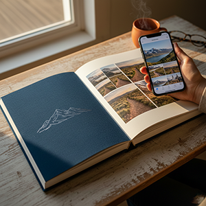 Открытая фотокнига с плотными страницами на деревянном столе, рука держит смартфон с открытой галереей фотографий — символ превращения цифровых снимков в тактильную книгу.