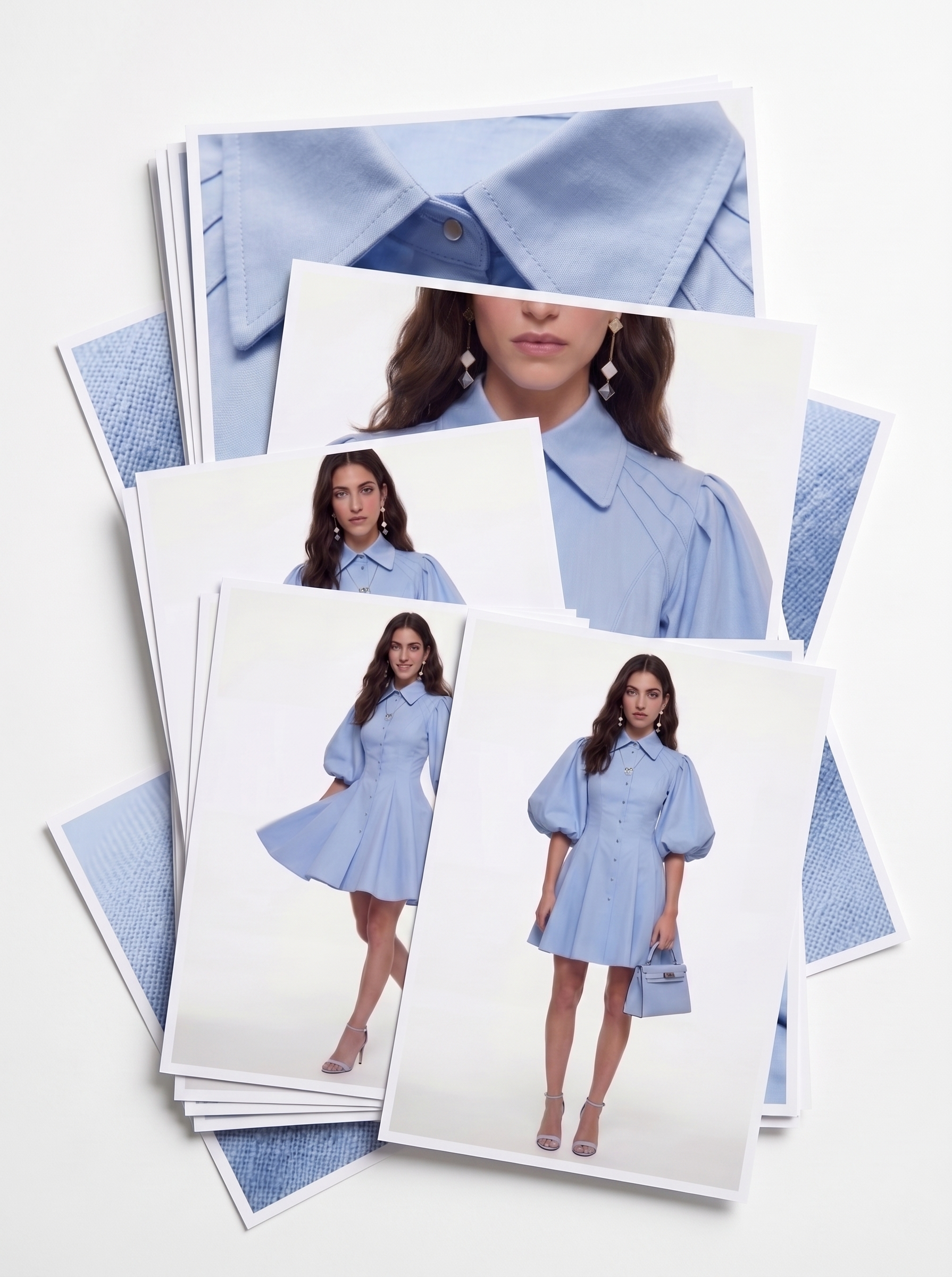 Полная презентация товара с ИИ: несколько видов голубого платья на AI-модели, для детализации на Lamoda и Яндекс.Маркет