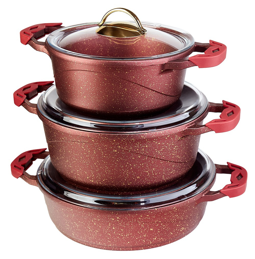 Каталоговая фотосъемка - набор красных кастрюль с прозрачными крышками