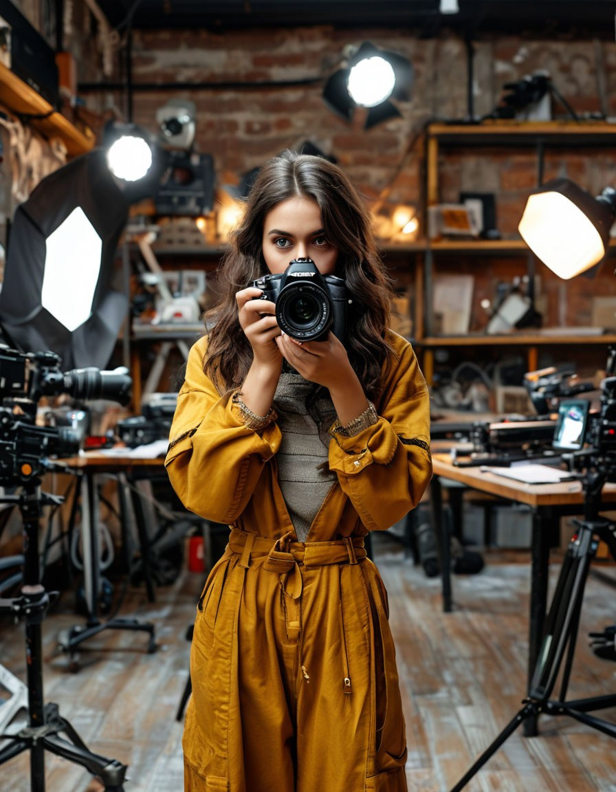 Нейро-сгенерированное изображение, девушка посреди фото студии с камерой в руках в жёлтом костюме