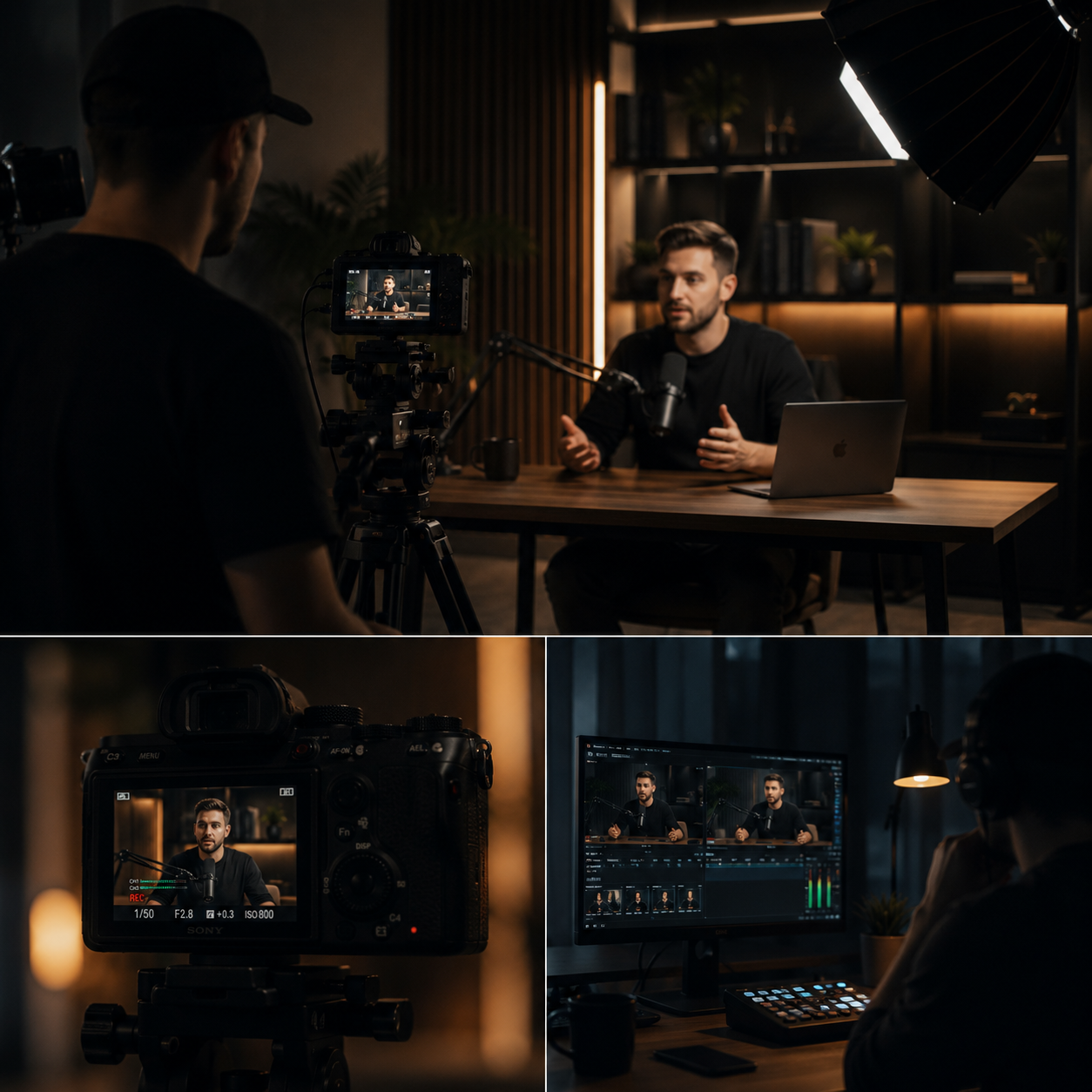 Professional podcast and online course production with multi-camera setup, studio lighting and cinematic filming.