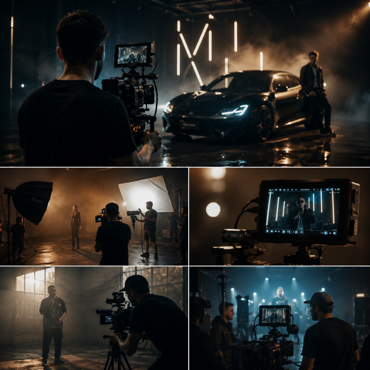 Behind the scenes of commercial video production and music video filming using professional cinema cameras and lighting.