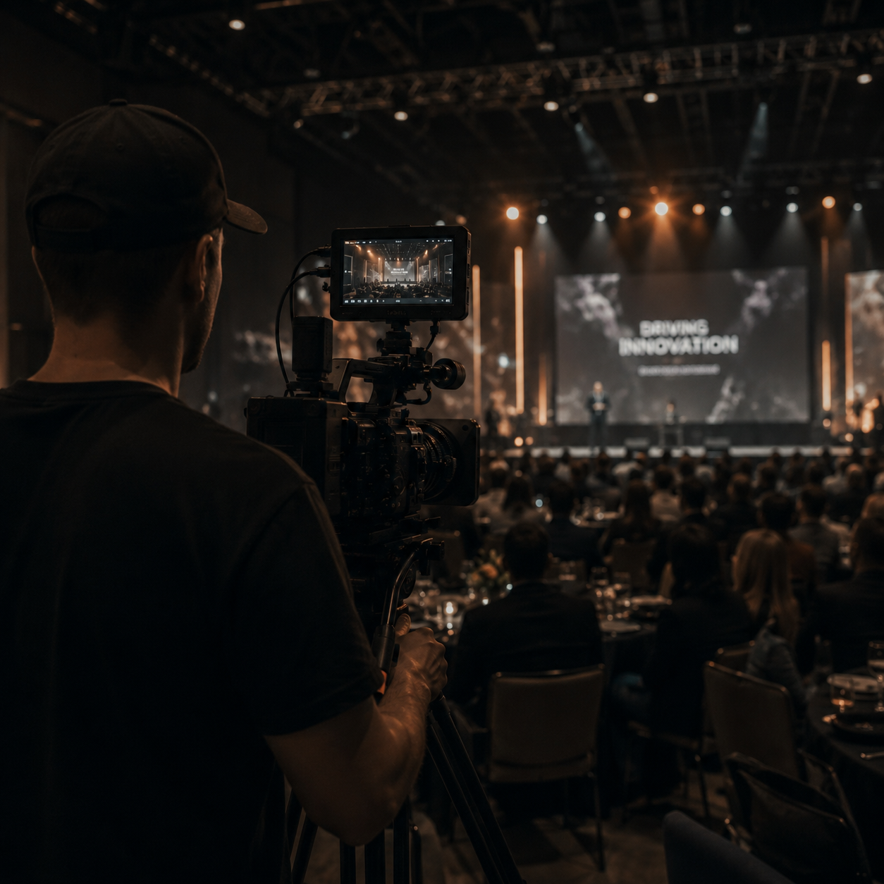 Event videographer filming a live conference with professional cinema camera and cinematic event video production in Phuket.