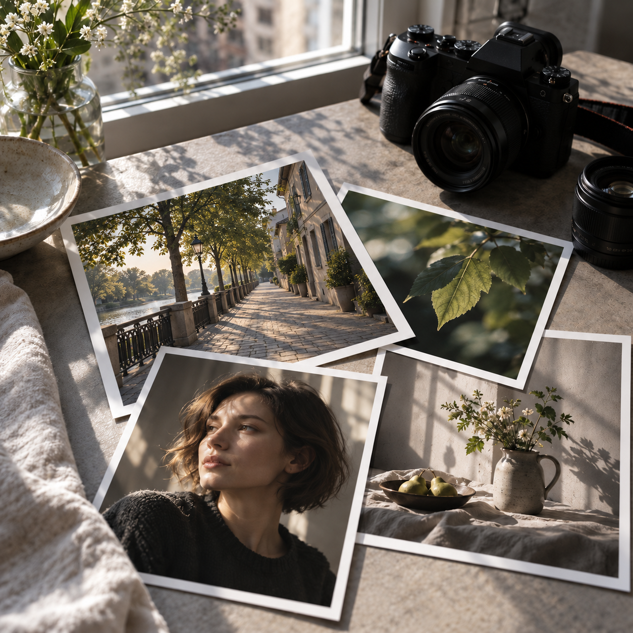 Фотоаппарат и распечатанные фотографии у окна