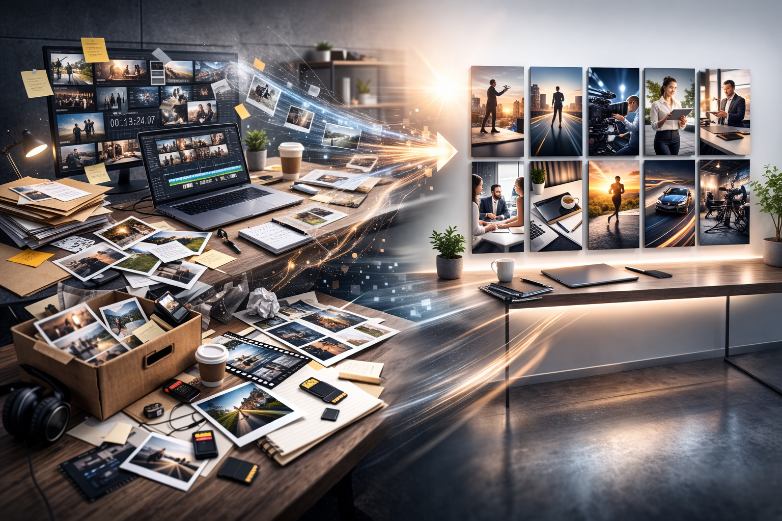 Преобразование архива фото и видео в готовый пакет коротких вертикальных роликов: рабочий стол с файлами, ноутбук и сетка готовых превью