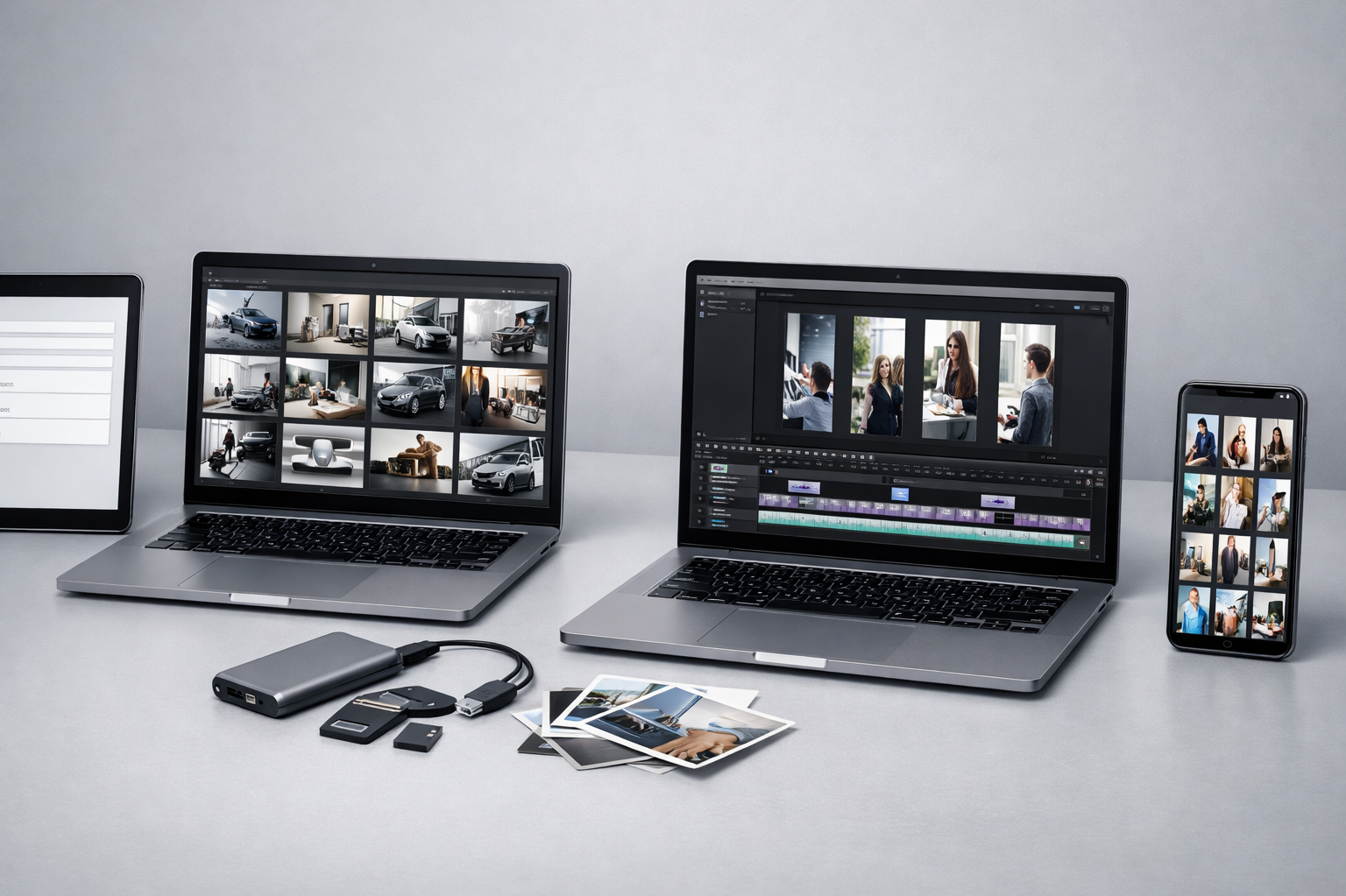 Монтаж Shorts и Reels из архива клиента: смартфон с сеткой коротких вертикальных роликов, ноутбук с таймлайном, SSD и карта памяти