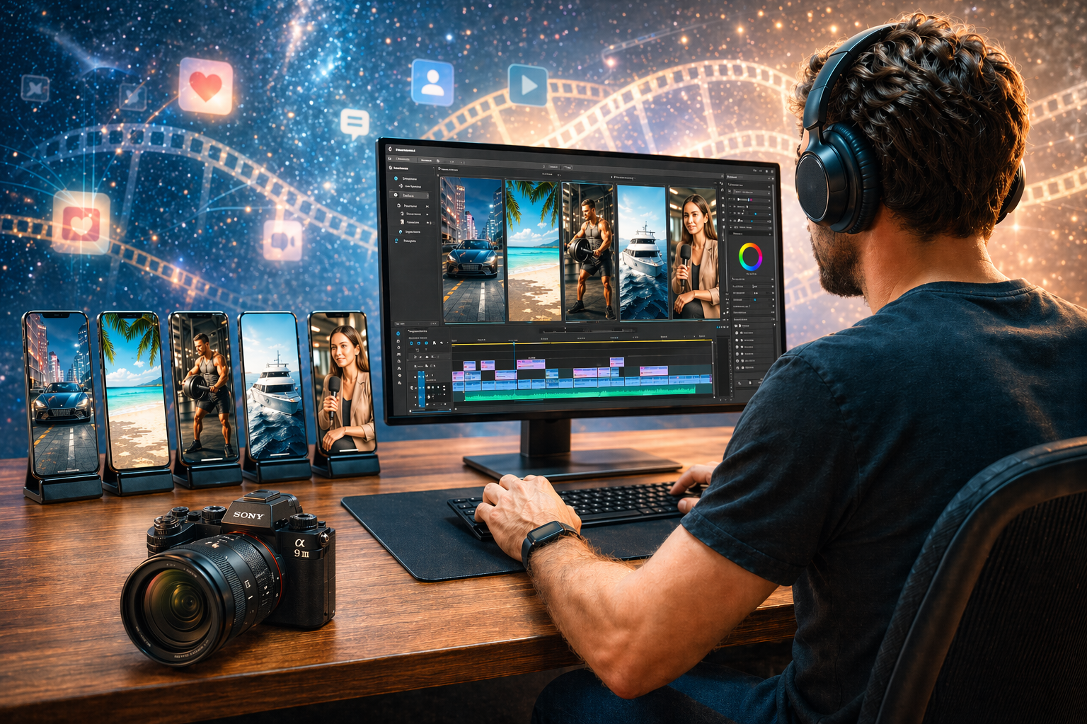 Монтаж Shorts и Reels из архива клиента: смартфон с сеткой коротких вертикальных роликов, ноутбук с таймлайном, SSD и карта памяти