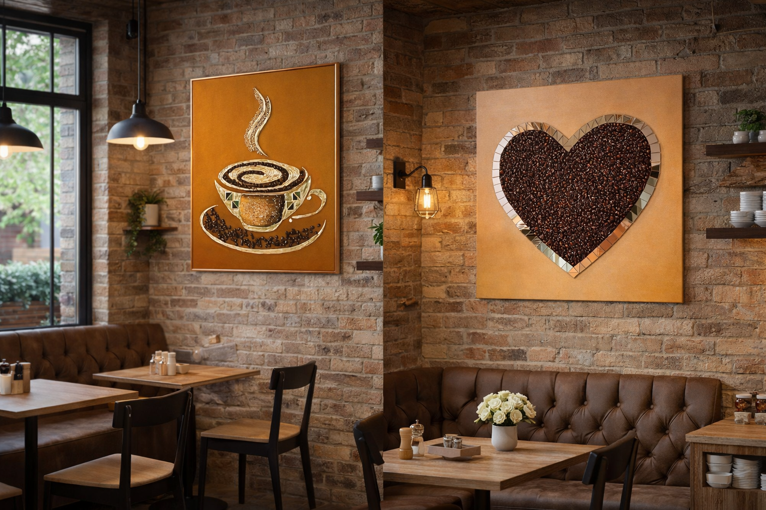 диптих кофейная любовь, картина кофе, картина из кофейных зерен, картина для кофейни, кофейный декор, интерьерная картина, coffee wall art, картина для ресторана, купить картину кофе.
