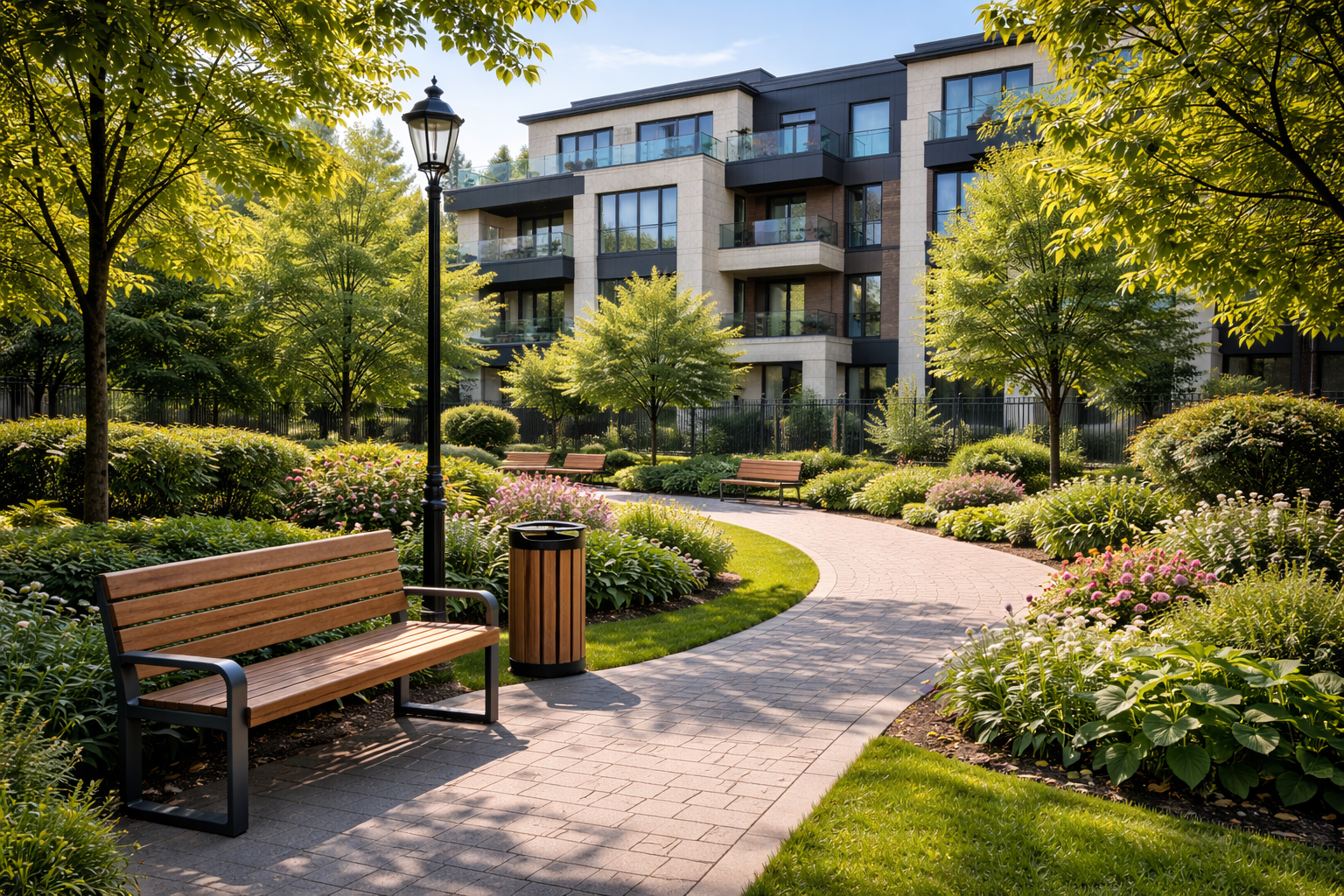 Уличная мебель во дворе элитного жилого дома