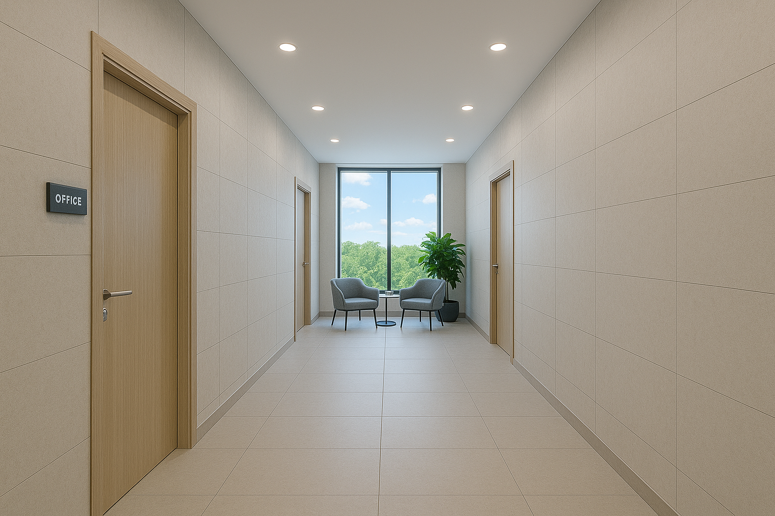 Коридор и входы в офисы в бизнес-центре класса А
