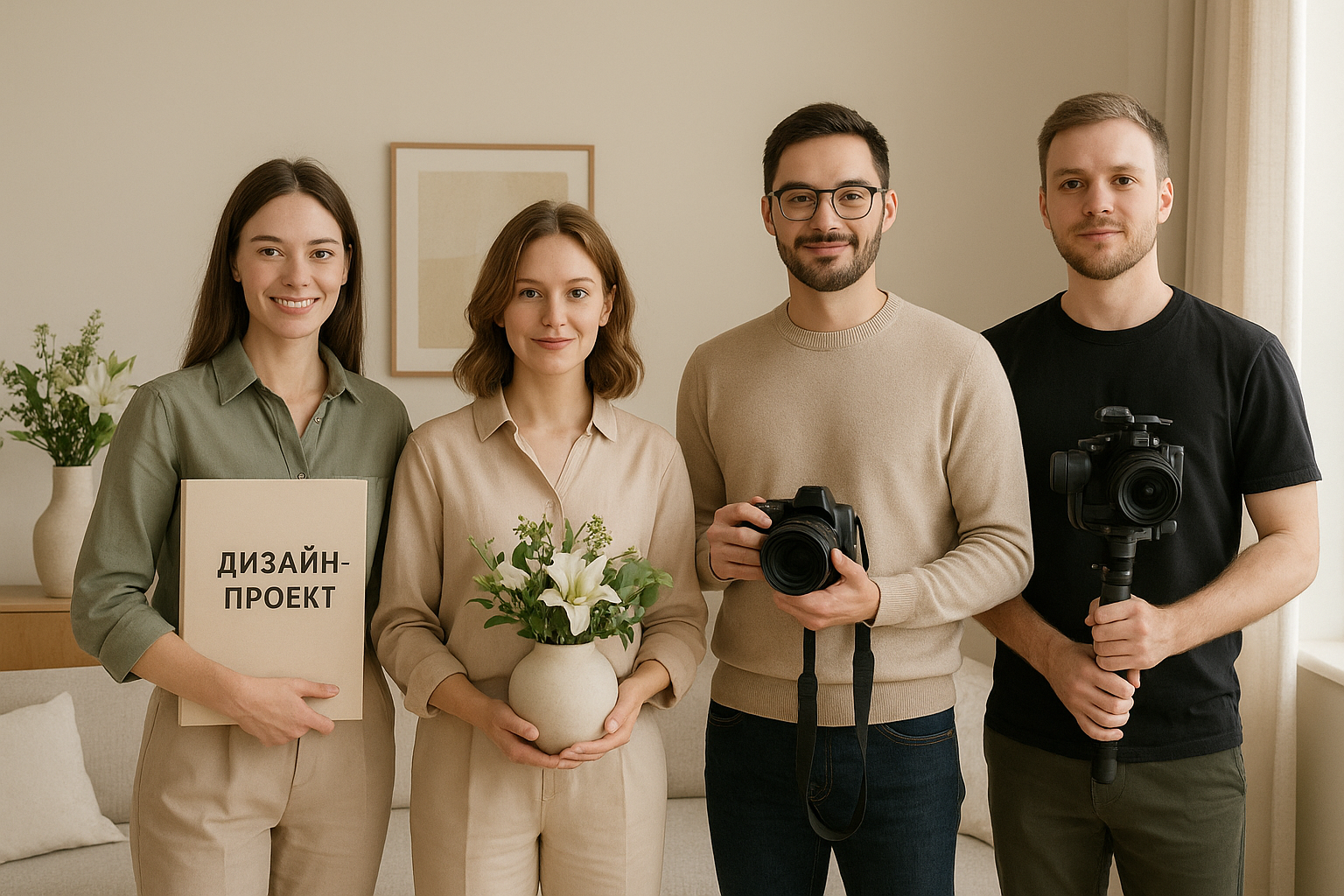 Команда, работающая на съёмочной площадке во время интерьерной съёмки для дизайнера