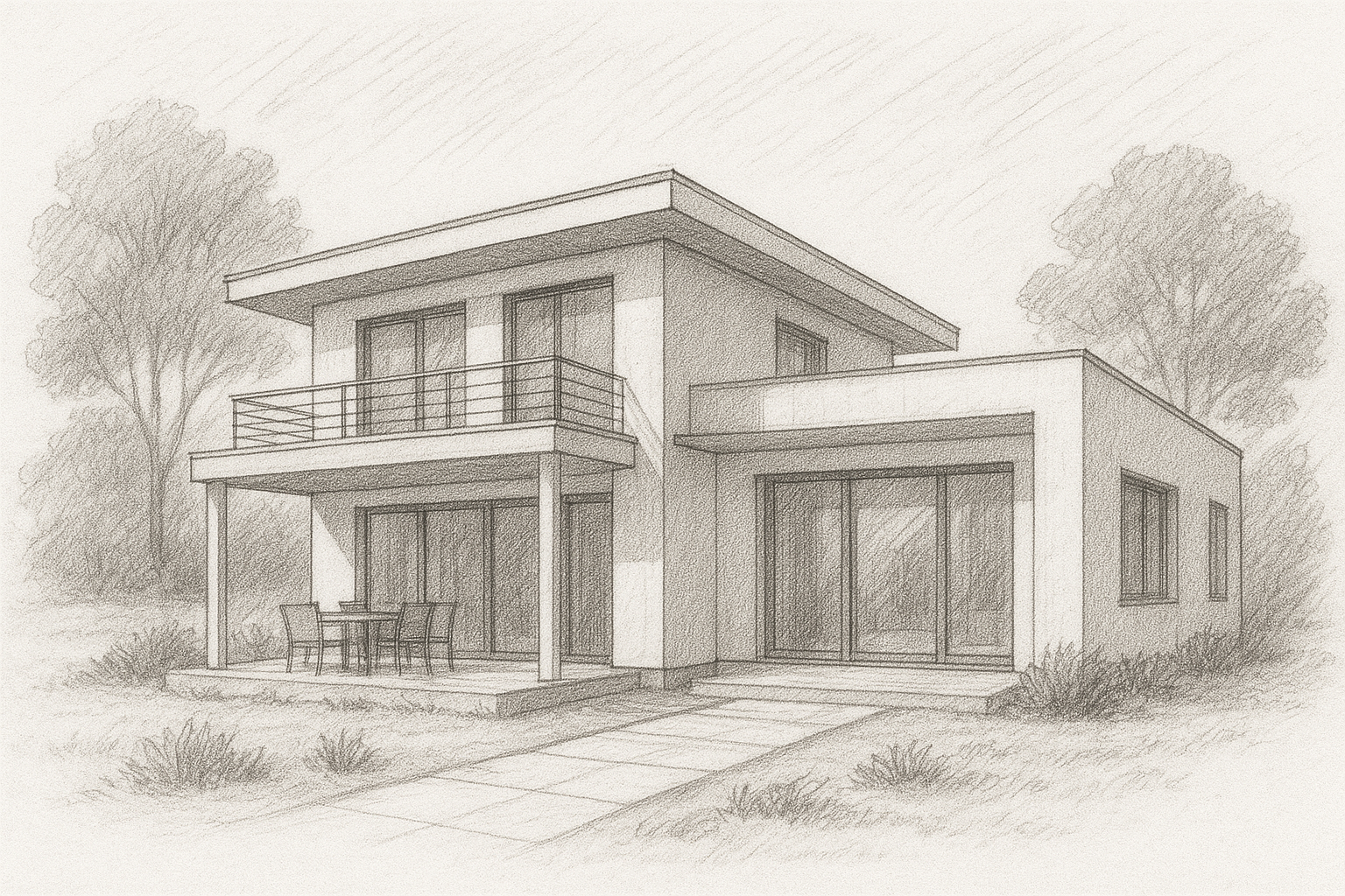 Эскиз двухэтажного загородного дома с террасой, балконом и большими панорамными окнами