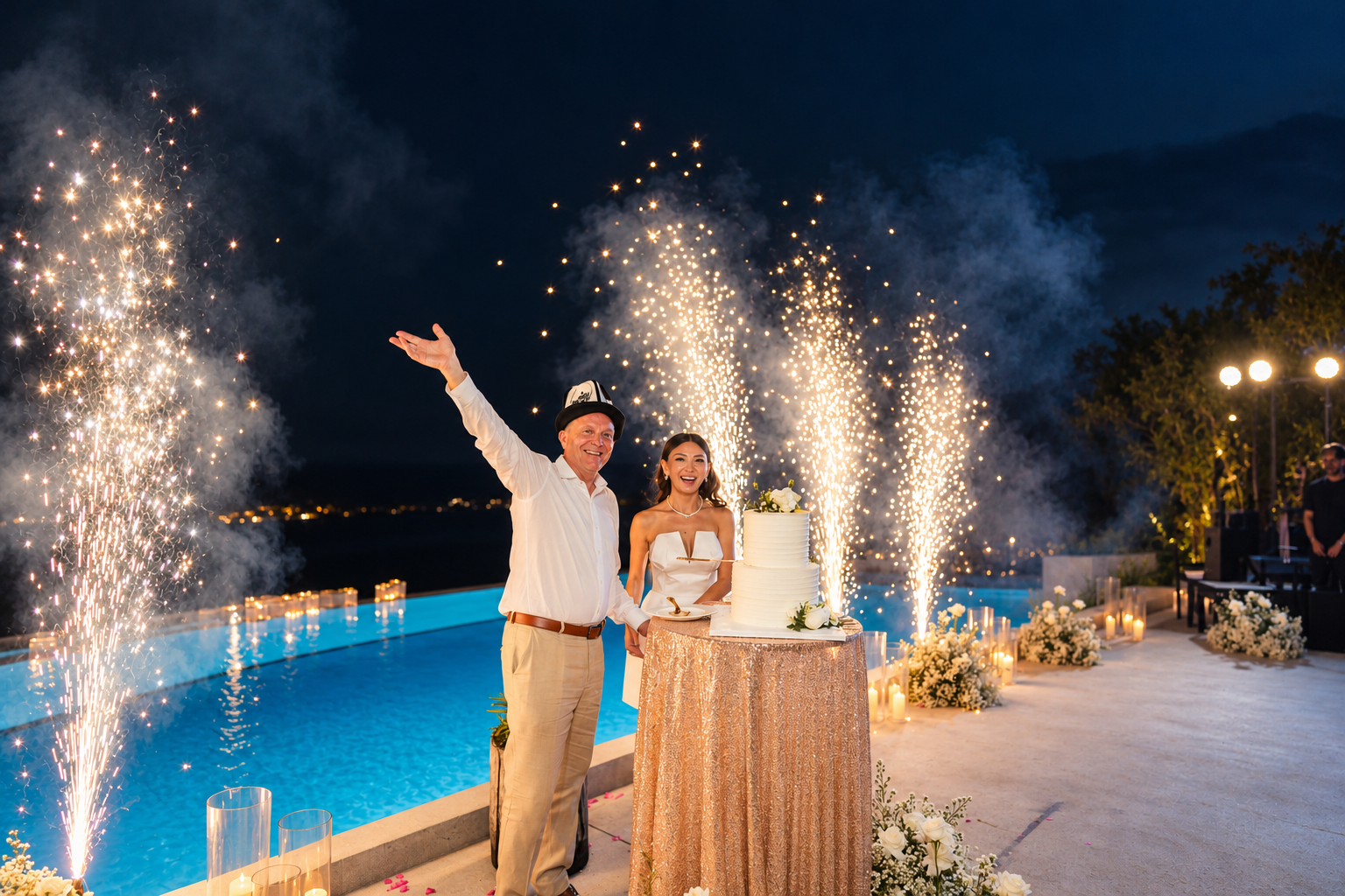 Newlyweds celebrating their evening wedding reception with spectacular sparkler fountains beside a swimming pool at a luxury villa in Koh Samui, Thailand.