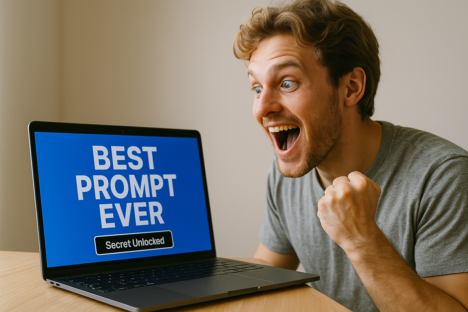 Мужчина за ноутбуком с надписью Best Prompt Ever — иллюстрация хайпа вокруг идеальных промтов для GPT